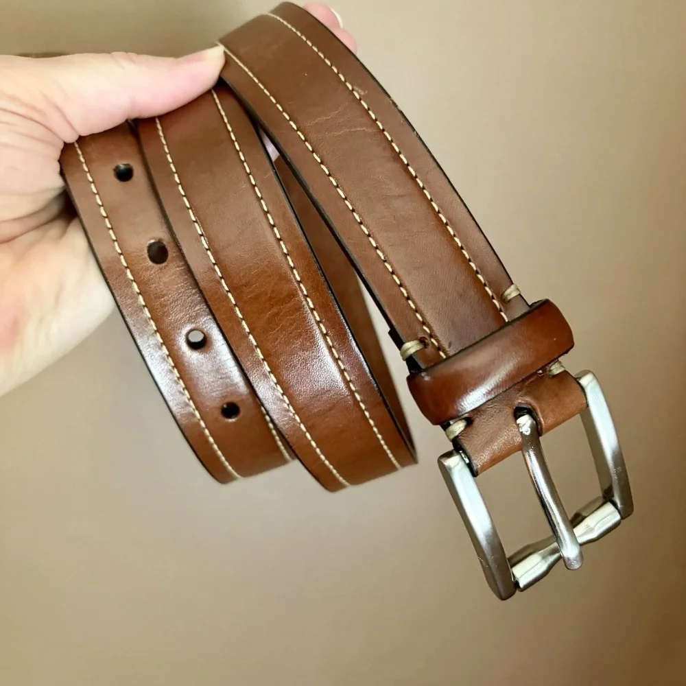 Cole Haan Belt Mens 40 Cognac Brown Leather Contrast Stitching Silver Buckle